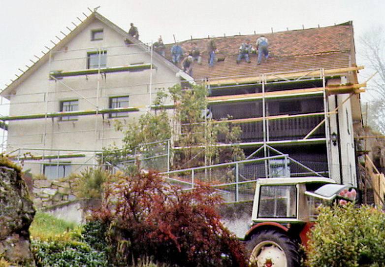 Die Dorfgemeinschaft bei der Dacherneuerung
