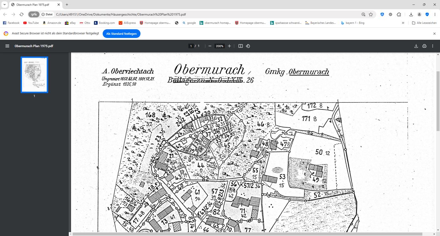 Ausschnitt aus der Flurkarte der Gemkg. Obermurach Stand 1975, Burgareal mit Flurstücknummern.
