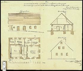 Grundriss und Gesamtansicht des Krieger’schen Hauses um 1886 (StAAm BA NEN 405)